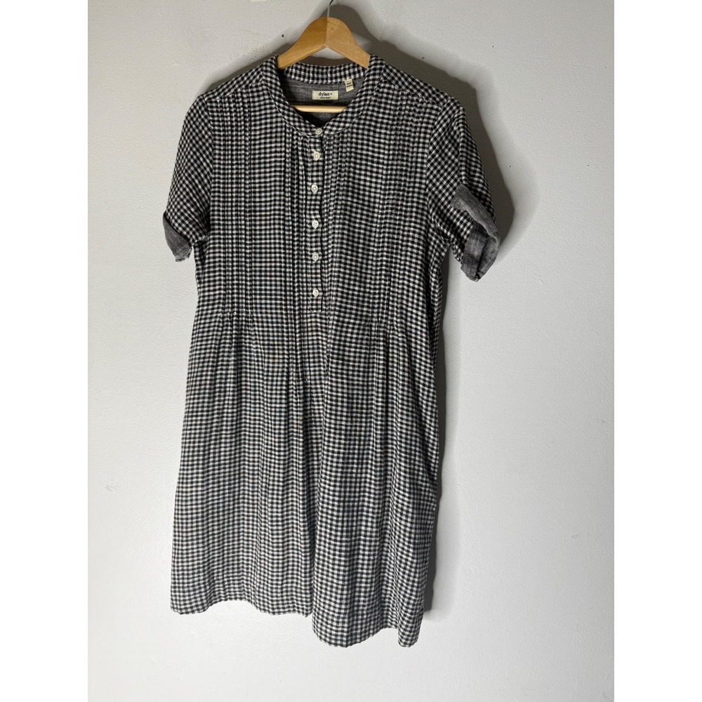 Dylan cotton short sleeve black white gingham check mini‎ dress pockets XS